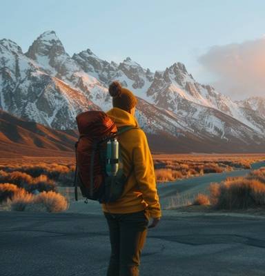 Hiker with backpack looking at mountain scenery