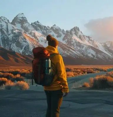 Hiker with backpack looking at mountain scenery