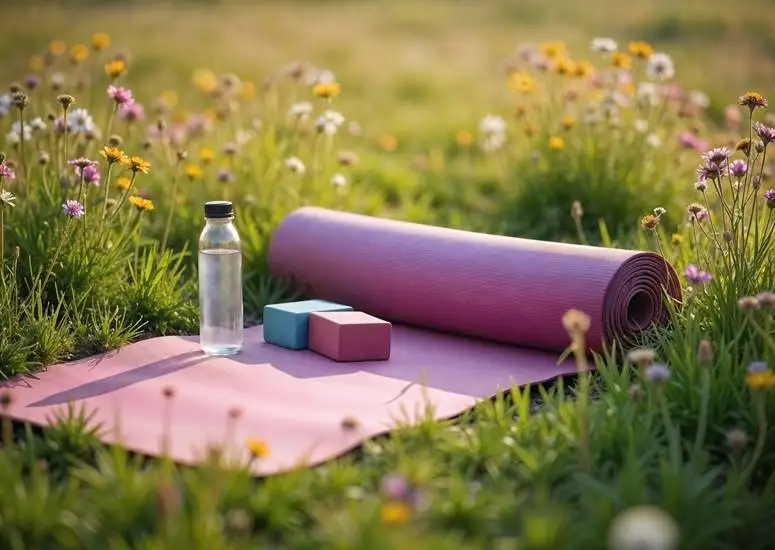 Yoga mat and water bottle on grass with flowers outdoors